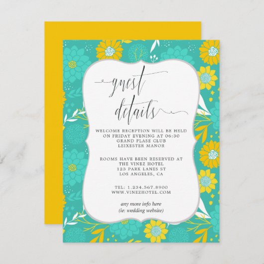 Geel en Blauwgroen Bloemen Bruiloft Gast Details Informatiekaartje (Voorkant / Achterkant)