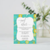 Geel en Blauwgroen Bloemen Bruiloft Gast Details Informatiekaartje (Staand voorkant)