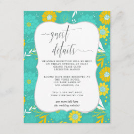 Geel en Blauwgroen Bloemen Bruiloft Gast Details Informatiekaartje