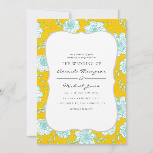 Geel en Blauwgroen Bloemen Bruiloft Uitnodiging (Voorkant)
