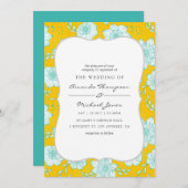 Geel en Blauwgroen Bloemen Bruiloft Uitnodiging (Voorkant / Achterkant)