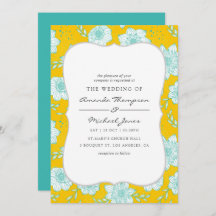 Geel en Blauwgroen Bloemen Bruiloft Uitnodiging