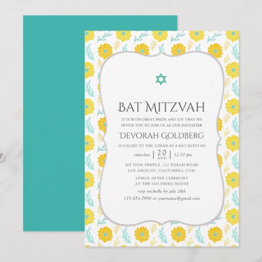 Geel en Blauwgroen Floral Bat Mitzvah Kaart (Voorkant / Achterkant)