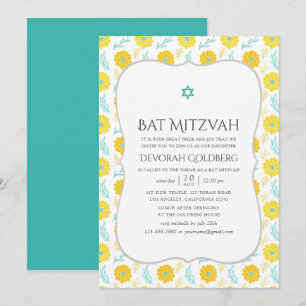 Geel en Blauwgroen Floral Bat Mitzvah Kaart