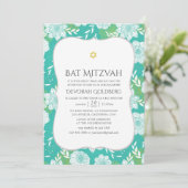 Geel en Blauwgroen Floral Bat Mitzvah Kaart (Staand voorkant)