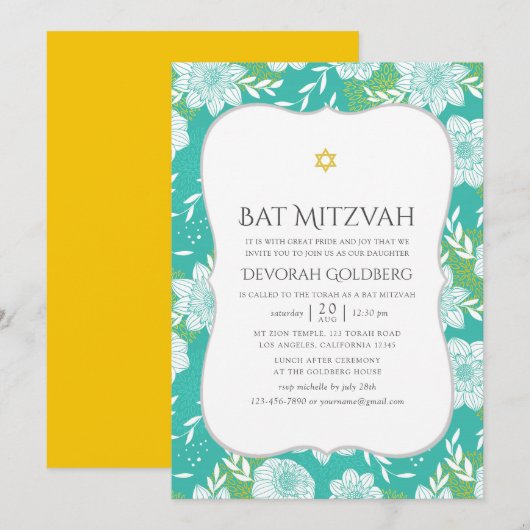 Geel en Blauwgroen Floral Bat Mitzvah Kaart (Voorkant / Achterkant)