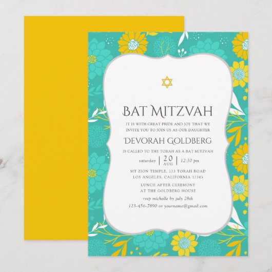 Geel en Blauwgroen Floral Bat Mitzvah Kaart (Voorkant / Achterkant)
