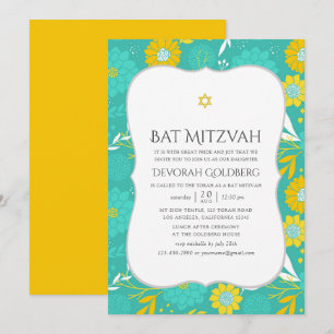 Geel en Blauwgroen Floral Bat Mitzvah Kaart