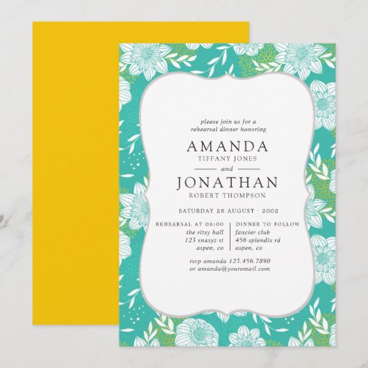 Geel en Blauwgroen, Floral Rehearsal Dinner Kaart (Voorkant / Achterkant)