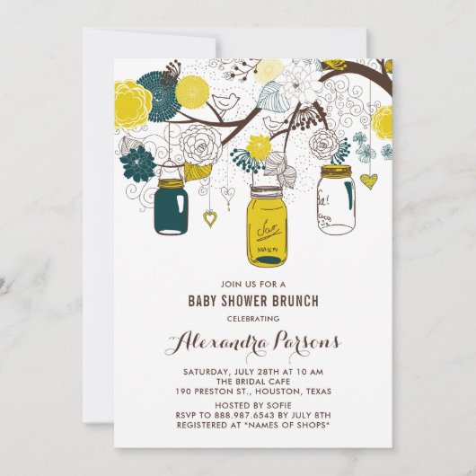 Geel en Blauwgroen Mason Jars Floral Baby shower B Kaart (Voorkant)