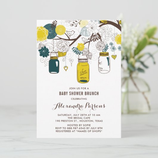 Geel en Blauwgroen Mason Jars Floral Baby shower B Kaart (Staand voorkant)