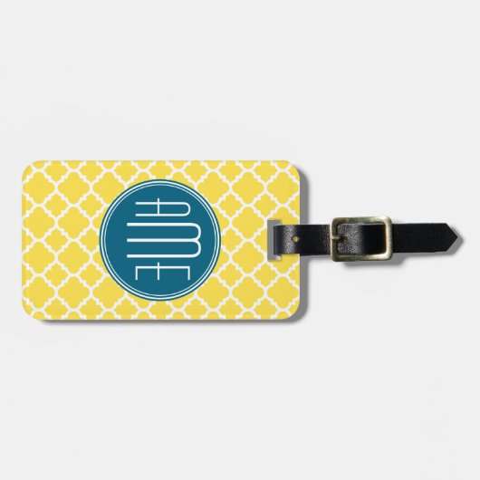 Geel en Blauwgroen Quatrefoil Patroon Aangepast mo Bagagelabel (Voorkant horizontaal)