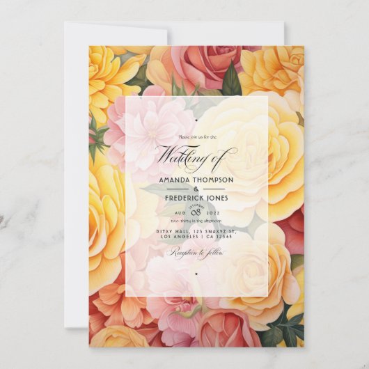 Geel en Blush Bloemen Bruiloft Kaart (Voorkant)