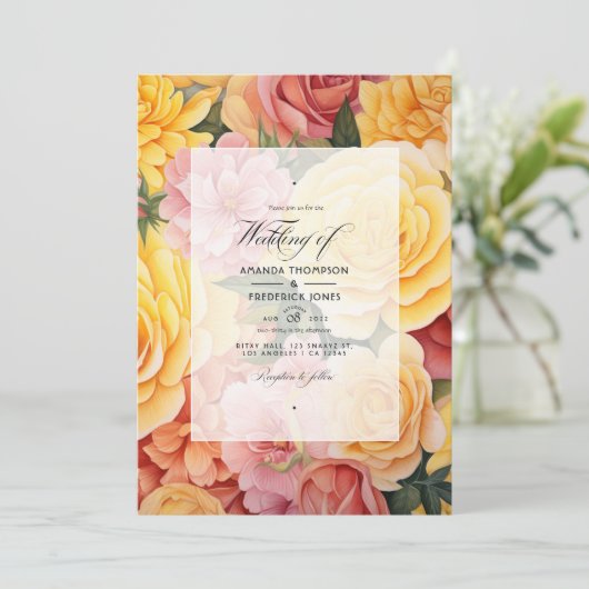Geel en Blush Bloemen Bruiloft Kaart (Staand voorkant)