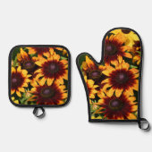 Geel en Bronze Rudbeckias Floral Ovenwant & Pannenlap Set (Voorkant)