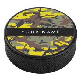 Geel en bruin Camouflage Jouw naam Personaliseren Hockey Puck