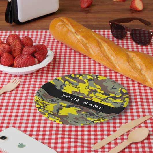 Geel en bruin Camouflage Jouw naam Personaliseren Papieren Bordje (Picknick)