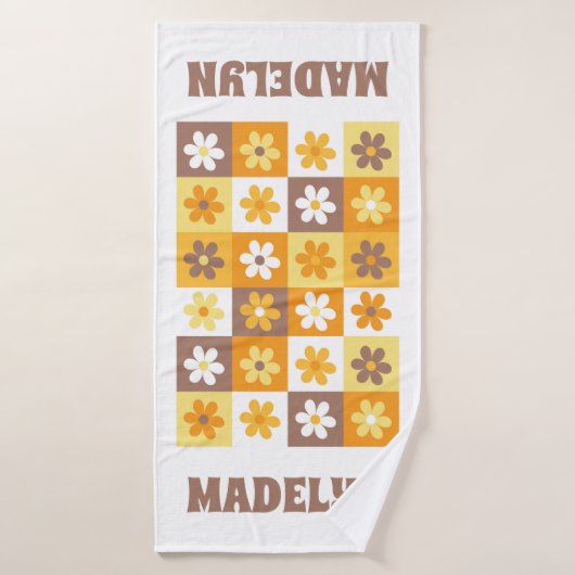 Geel en bruin Groovy Daisy Checkerboard Badhanddoek (Badhanddoek)