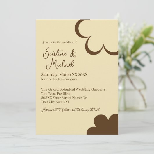 Geel en bruin retro bloemen bruiloft kaart (Staand voorkant)