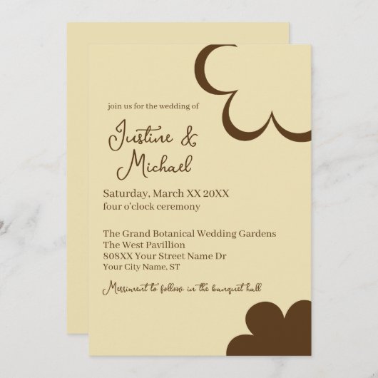 Geel en bruin retro bloemen bruiloft kaart (Voorkant / Achterkant)