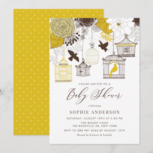 Geel en Bruin  Vogelkooien Baby shower Kaart (Voorkant / Achterkant)