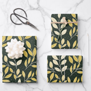 Geel en Crème Bladerige Takken Patroon Inpakpapier Vel