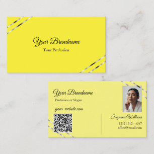 Geel en Crème met Zilveren Lijnen Foto QR Code Visitekaartje