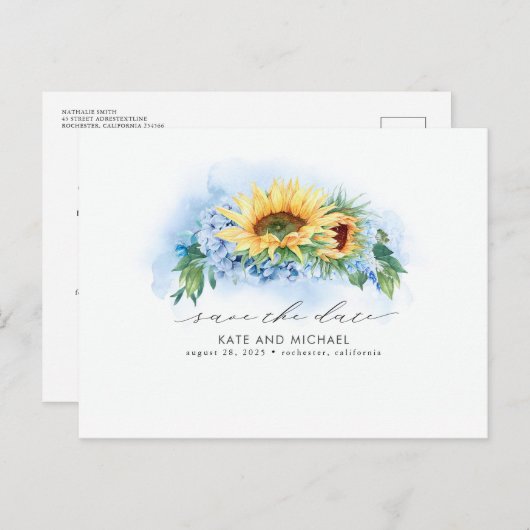Geel en Dusty Blue Floral Sla de datum Foto op Aankondigingskaart (Voorkant / Achterkant)