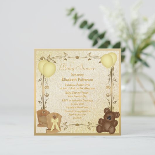 Geel en goud Baby shower Wieg & Teddy Kaart (Staand voorkant)