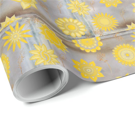 Geel en gouden bloemen cadeaupapier (Rol Hoek)