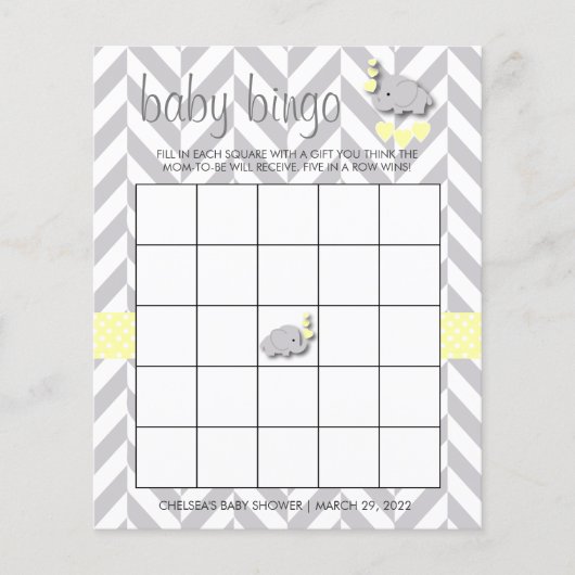 Geel en grijs Baby shower Bingo (Voorkant)
