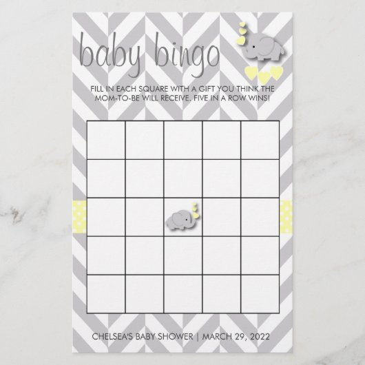 Geel en grijs Baby shower Bingo Flyer (Voorkant)
