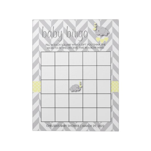 Geel en grijs Baby shower Bingo Game Notitieblok (Linkerzijde)