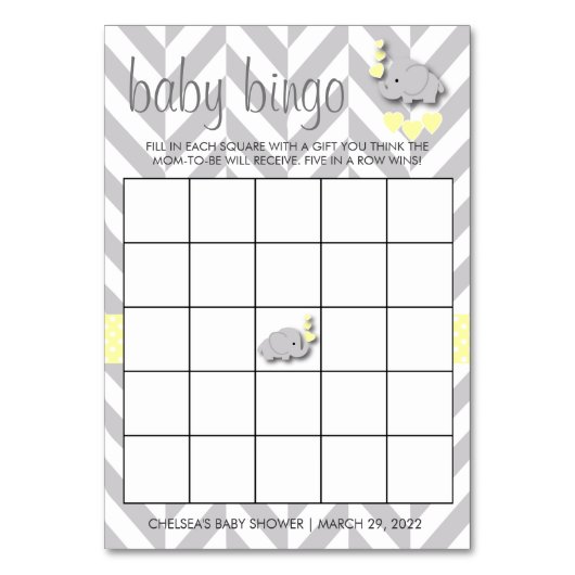 Geel en grijs Baby shower Bingo Kaart (Voorkant)
