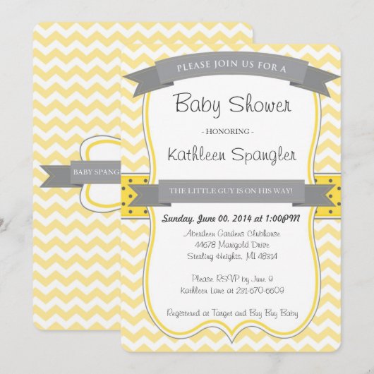 Geel en grijs Baby shower Kaart (Voorkant / Achterkant)