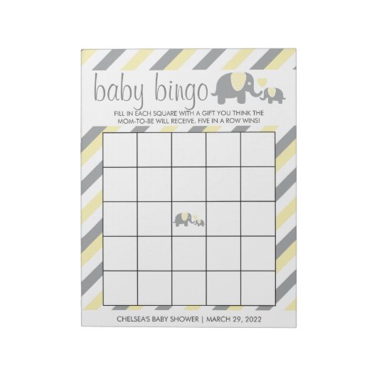 Geel en grijs Baby shower met breukrijst - Bingo Notitieblok (Linkerzijde)