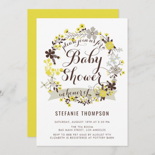  geel en grijs Baby shower met zwavel Kaart (Voorkant / Achterkant)