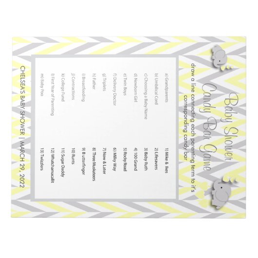 Geel en grijs Baby shower Snoep Notitieblok (Voorkant)