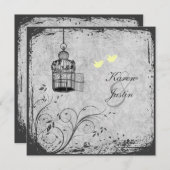 Geel en grijs Birdcage Lovevogels Wedding Invite Kaart (Voorkant / Achterkant)