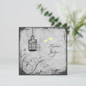 Geel en grijs Birdcage Lovevogels Wedding Invite Kaart (Staand voorkant)