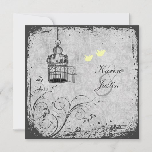 Geel en grijs Birdcage Lovevogels Wedding Invite Kaart (Voorkant)