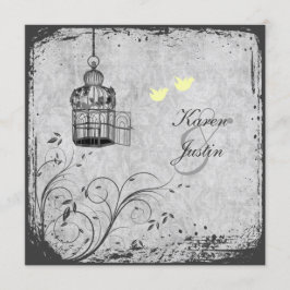Geel en grijs Birdcage Lovevogels Wedding Invite Kaart