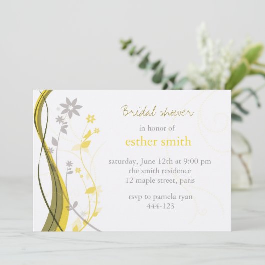 Geel en grijs bloemkool uitnodiging (Staand voorkant)