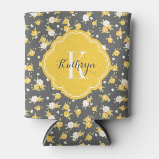 Geel en grijs  bloemmonogram blikjeskoeler (Voorkant)