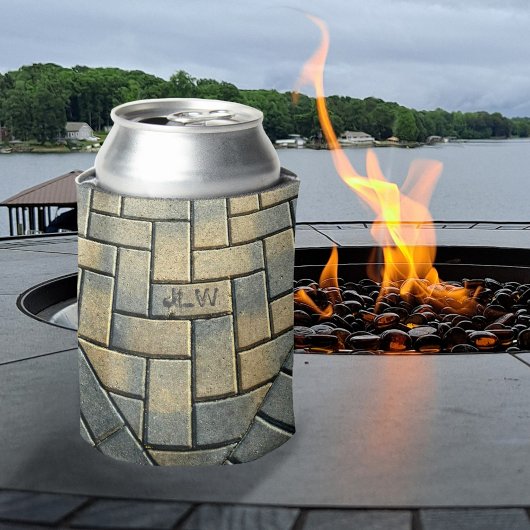 Geel en grijs brick-patroon met Initialen Blikjeskoeler