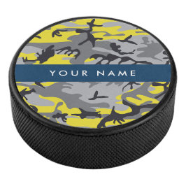 Geel en grijs Camouflage Jouw naam Personaliseren Hockey Puck