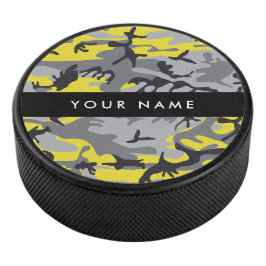 Geel en grijs Camouflage Jouw naam Personaliseren Hockey Puck