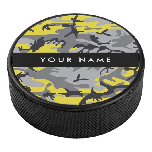 Geel en grijs Camouflage Jouw naam Personaliseren Hockey Puck (3/4)