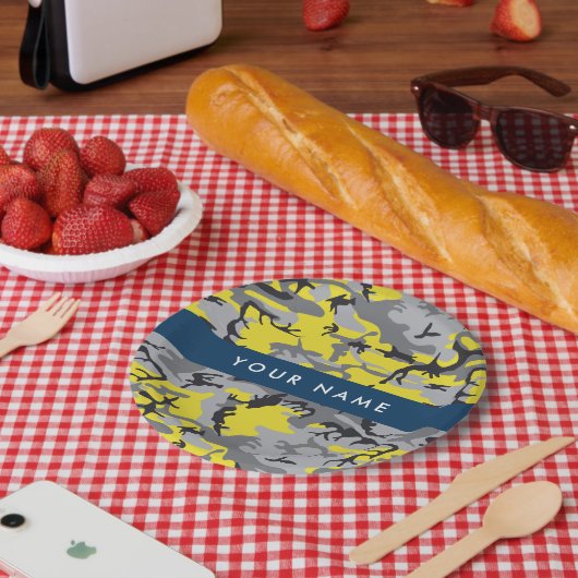Geel en grijs Camouflage Jouw naam Personaliseren Papieren Bordje (Picknick)