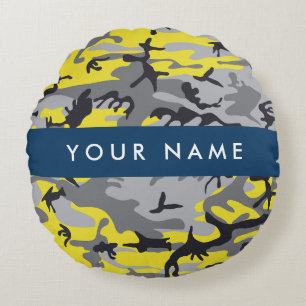 Geel en grijs Camouflage Jouw naam Personaliseren Rond Kussen